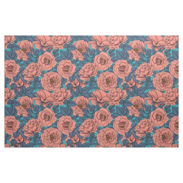 Tecido Rosas rosa com folhas azuis (Fat Quarter)