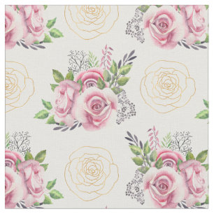 Tecido Rosas rosa e flores Douradas Aquarela