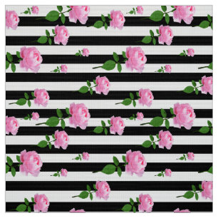 Tecido Rosas Rosa Flores Em Tiras Brancas Pretas