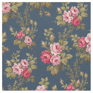 Tecido Rosas Rosa-Rosa-Vintage-Elegante-Fundo Azul 