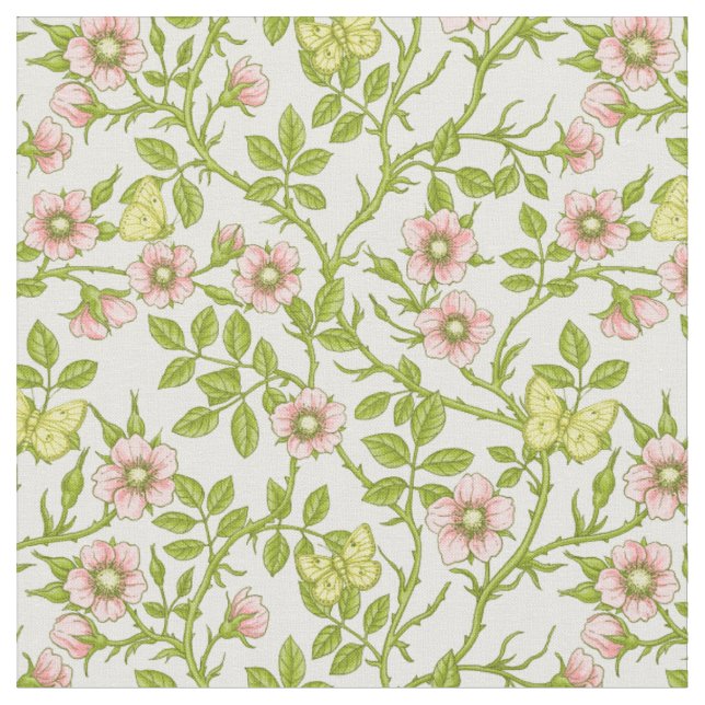 Tecido Rosas silvestres e borboletas /rosa/verde claro/am (Detalhe)