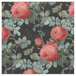 Tecido Rosas vermelhas e folhas em preto