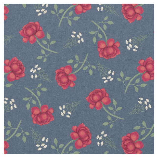 Tecido Rosas vermelhas em Dusky Blue Calico (Detalhe)