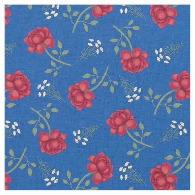 Tecido Rosas Vermelhas em Xadrez Azul Médio (Detalhe)