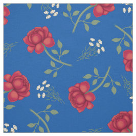 Tecido Rosas vermelhas no Calico de Azul Médio