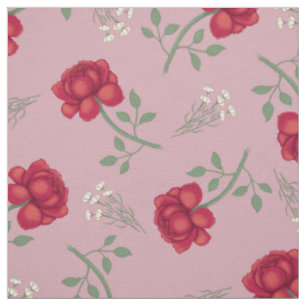 Tecido Rosas vermelhas no Calico Rosa de Tamanho Superior