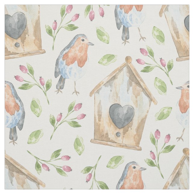 Tecido Rustic Birdhouse Robin Watercolor Pattern (Modelo)