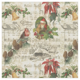 Tecido Rustic Vintage Dourada Ephemera de Natal Floral