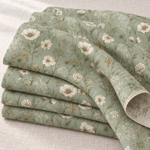 Tecido Sage Verde Botânico Rústico Floral Vintage Ousado