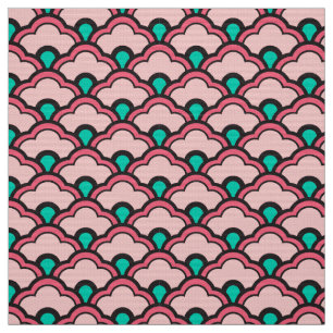 Tecido Scallops chineses de Deco, rosa coral e turquesa