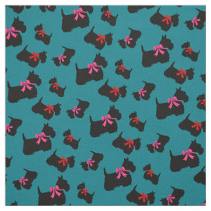 Tecido Scottish Terrier, corações vermelhos, arco verme