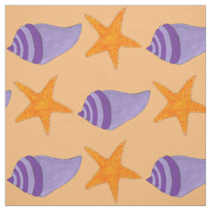 Tecido Seashell Starfish Orange Purple Beach Conch Shell