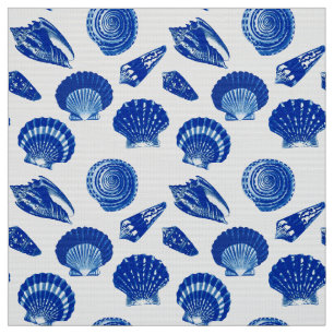 Tecido Seashells - azuis marinhos em um fundo branco