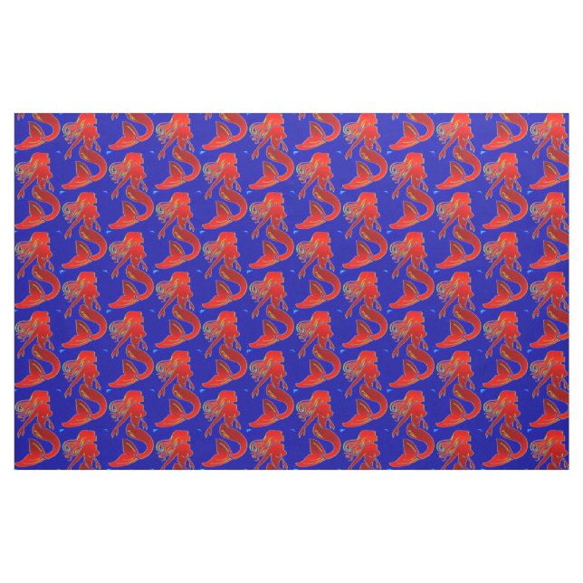 Tecido sereias vermelhas pin-up em azul (Fat Quarter)