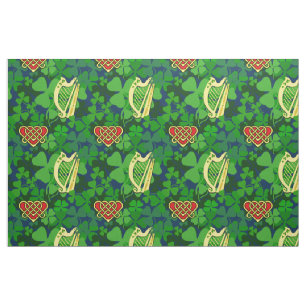 Tecido Shamrock irlandês, harpa irlandesa, coração cel