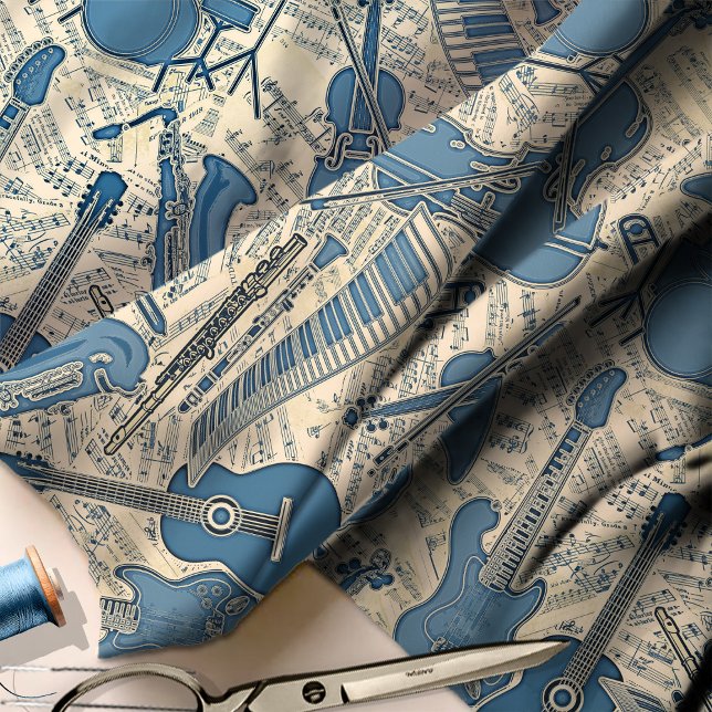Tecido Sheet Music and Instruments Blue/Ivory ID481 (Criador carregado)