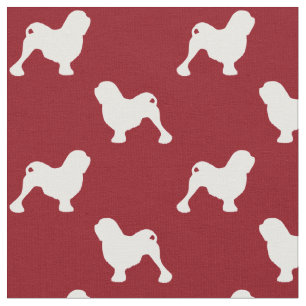 Tecido Silhuetas de Cães Lowchen com Padrão Vermelho e Br