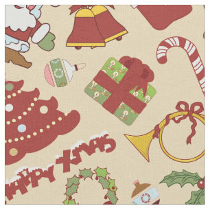 Tecido Sinos de Natal, árvore e Papai Noel