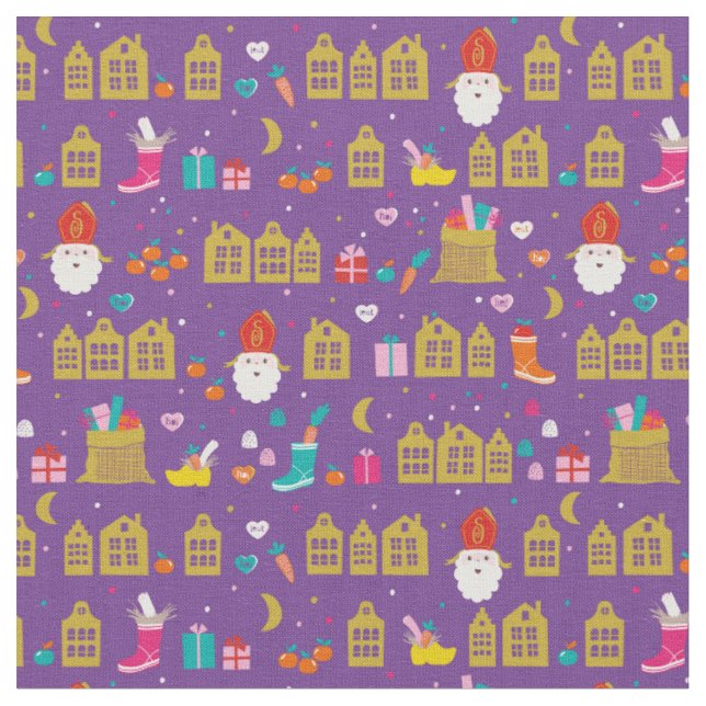 Tecido Sinterklaas conheceu huisjes en kadootjes op paars (Detalhe)