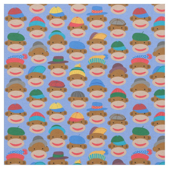 Tecido Sock Monkey Heads with caps on Blue Fabric (Detalhe)