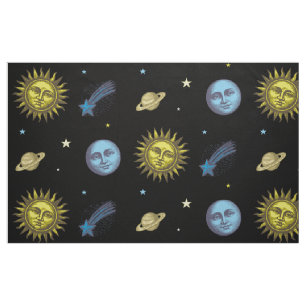 Tecido Sol Lua Estrelas Estilo Xilogravura Retro Arte Cel
