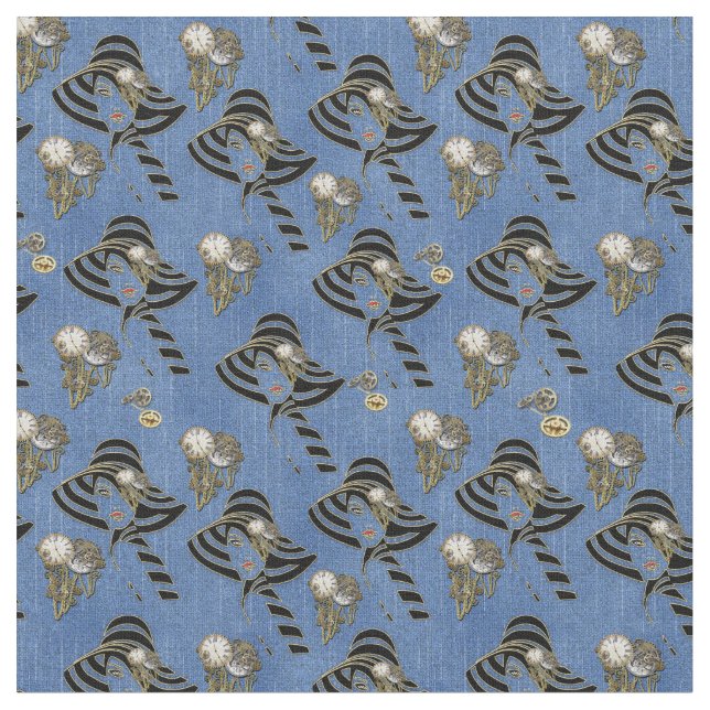 Tecido Steampunk com Ladies Hats em Blue Denim (Detalhe)
