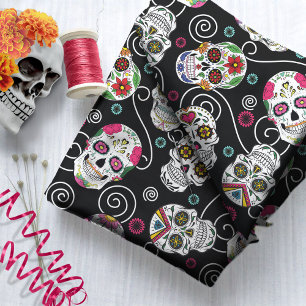 Tecido Sugar Skulls and Swirls Black ID725