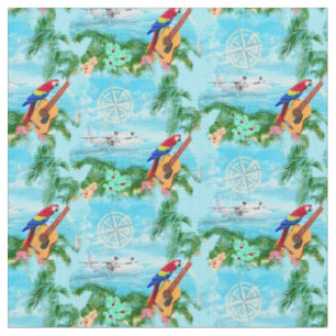 Tecido Summer Seaplane Praia Costeira Tropical