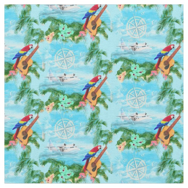 Tecido Summer Seaplane Praia Costeira Tropical (Detalhe)