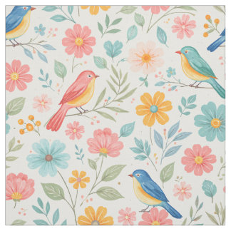 Tecido Sweet Birds and Spring Pastel Flowers