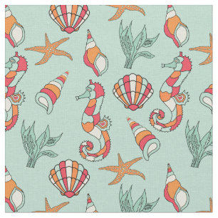 Tecido Teal de Patterno de Seacavalo e Seashell