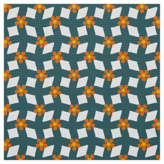 Tecido Teal Orange Floral Grid Poplin Fabric