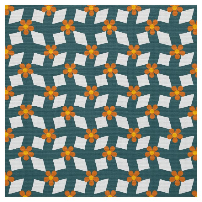 Tecido Teal Orange Floral Grid Poplin Fabric (Modelo)