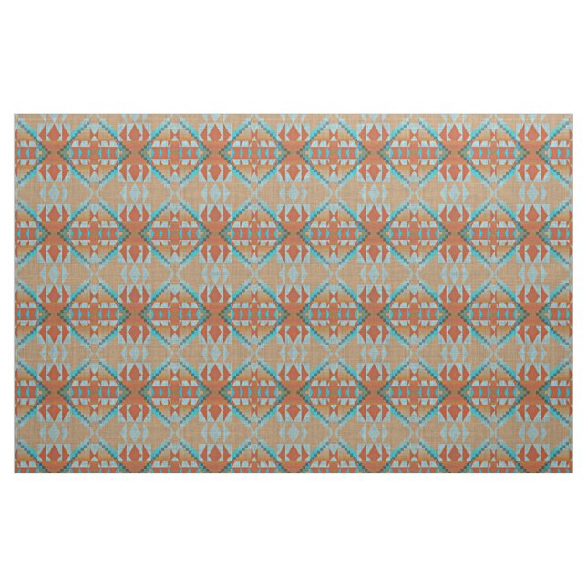 Tecido Teal Turquoise Azul Verde Laranja Aspecto Étnico (Fat Quarter)