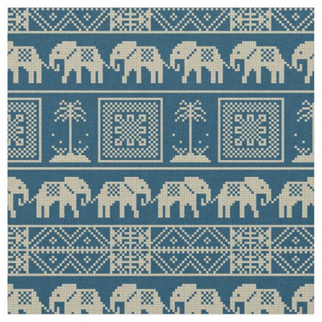 Tecido Tendência Elefantes Étnicos Padrão azul e branco (Detalhe)
