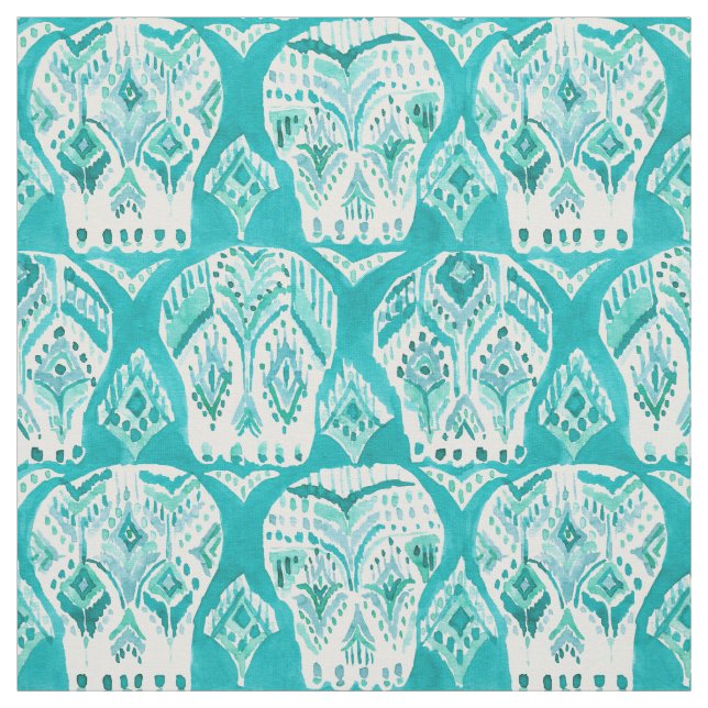 Tecido Teste padrão chique do crânio de Boho Ikat do Aqua (Modelo)