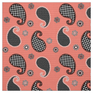 Tecido Teste padrão de Paisley, rosa coral, preto e