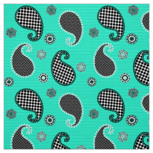 Tecido Teste padrão de Paisley, turquesa, preto e branco