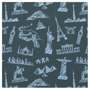 Tecido Teste padrão do viagem no teste padrão dos azuis