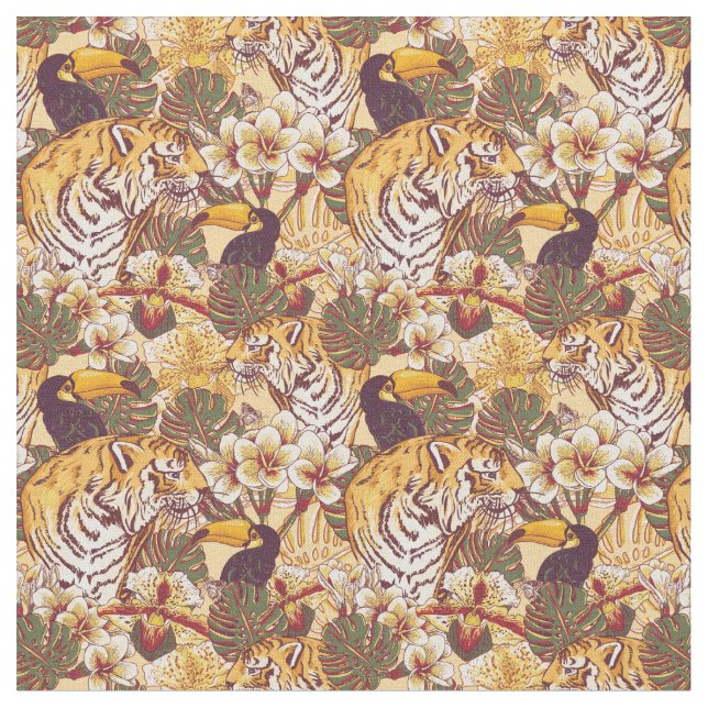 Tecido Teste padrão floral tropical com tigre (Detalhe)