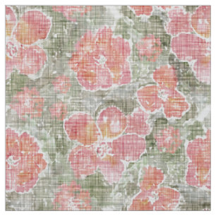 Tecido textura verde-mossy de flores vermelhas canvas gro
