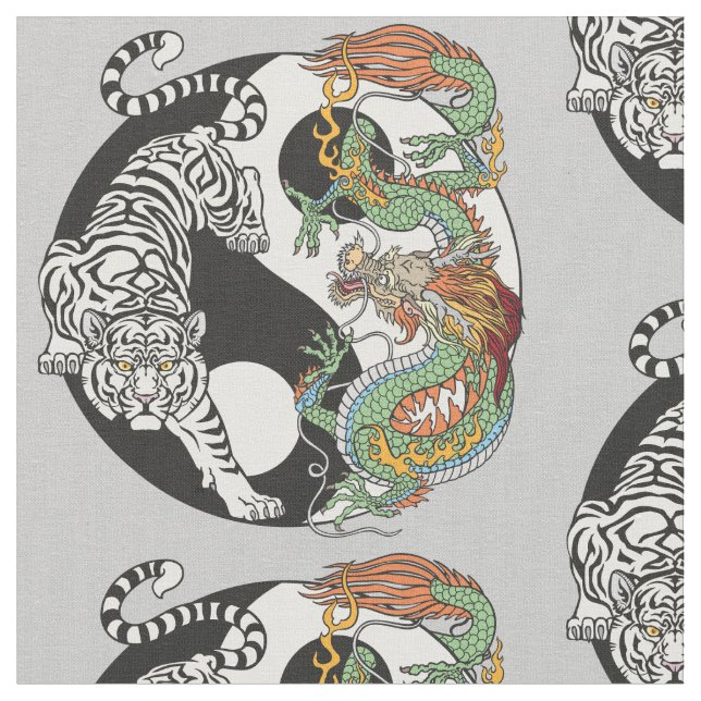 Tecido Tigre branco versus dragão verde no yin yang f (Detalhe)