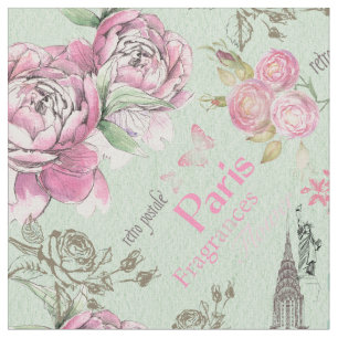 Tecido Tipografia floral cor-de-rosa verde da colagem do