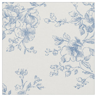 Tecido Toile Buquê Floral Azul Creme Botânico Vintage