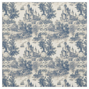 Tecido Toile de Jouy Blue Castle sobre a Idade da Marfim