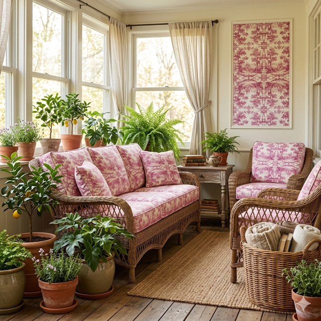 Tecido Toile Francês Rosa Árvores de Carvalho Pastoral De (Pink French Toile Pastoral Oak Trees Vintage Decor Fabric)