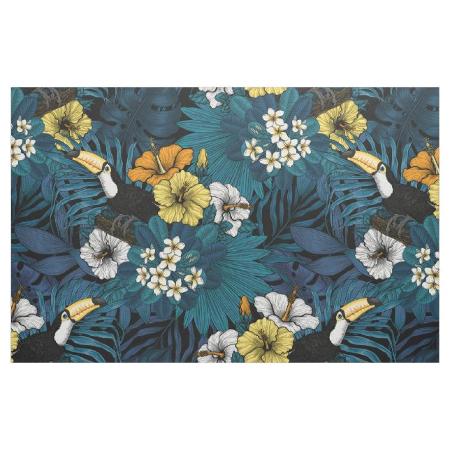 Tecido Toques e flora tropical, azul, amarelo, laranja (Fat Quarter)