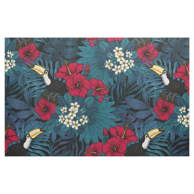 Tecido Toucans e flora tropical, verdes e vermelhas (Fat Quarter)