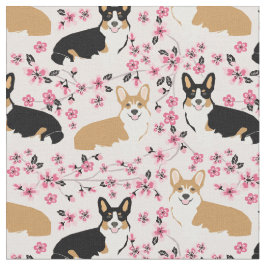 Tecido três cadelas de corgi flores de cereja rosa