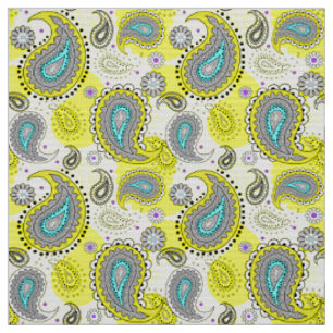 Tecido Tribal Paisley Pattern Lemon Yellow Turquoise
